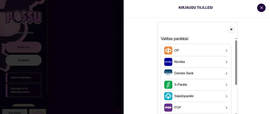 Valitse pankki kirjautumiseen.