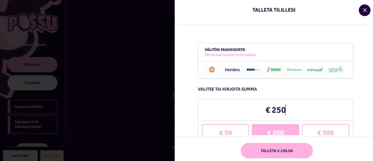Valitse talletussumma popup-ikkunassa.